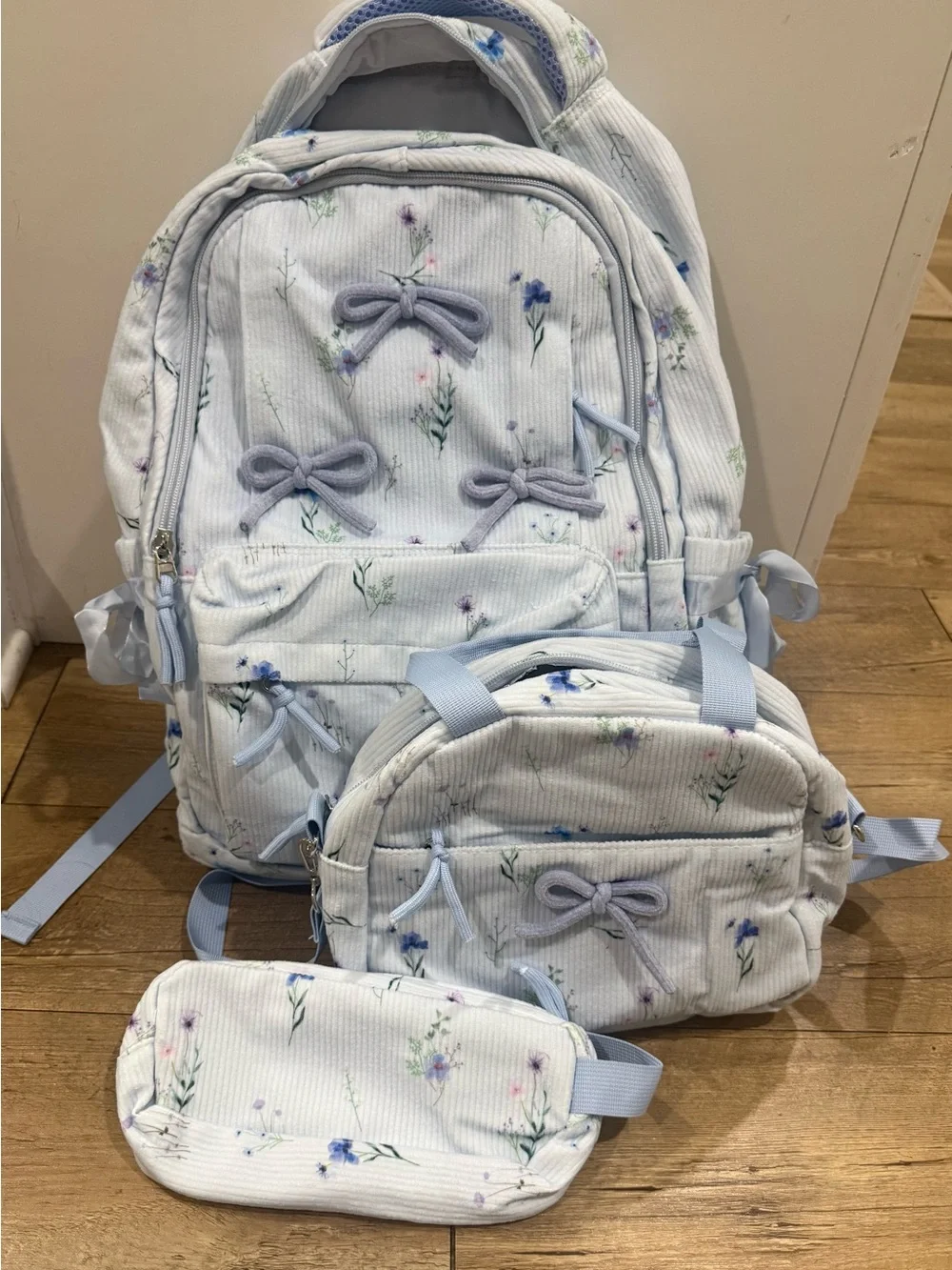 BRAND NEW-Light Blue Floral Kids Backpack Set with Matching Pouch and Crossbody